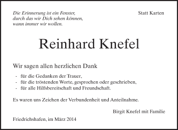 Anzeige von Reinhard Knefel von Schwäbische Zeitung