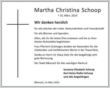 Anzeige von Martha Christina Schoop von Schwäbische Zeitung
