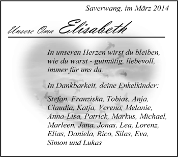 Anzeige von Elisabeth  von Schwäbische Zeitung