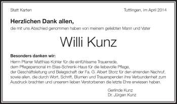 Anzeige von Willi Kunz von Schwäbische Zeitung