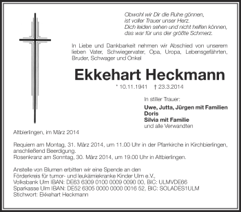 Anzeige von Ekkehart Heckmann von Schwäbische Zeitung