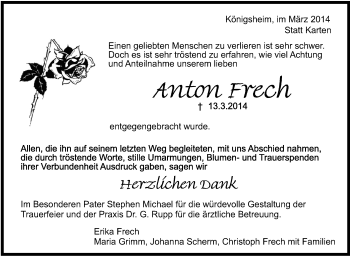 Anzeige von Anton Frech von Schwäbische Zeitung