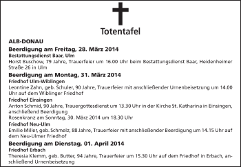 Anzeige von Totentafel vom 28.03.2014 von Schwäbische Zeitung