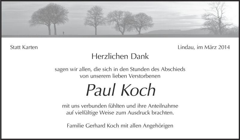  Traueranzeige für Paul Koch vom 29.03.2014 aus Schwäbische Zeitung