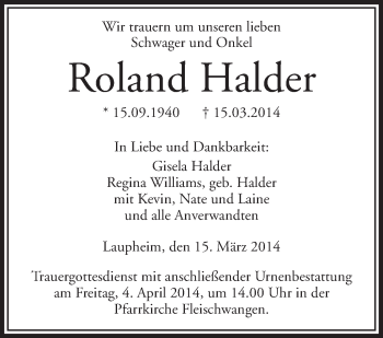 Anzeige von Roland Halder von Schwäbische Zeitung
