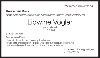 Anzeige von Lidwine Vogler von Schwäbische Zeitung
