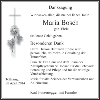 Anzeige von Maria Bosch von Schwäbische Zeitung