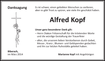 Anzeige von Alfred Kopf von Schwäbische Zeitung