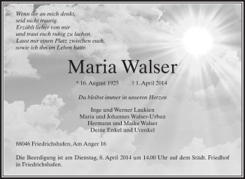 Anzeige von Maria Walser von Schwäbische Zeitung