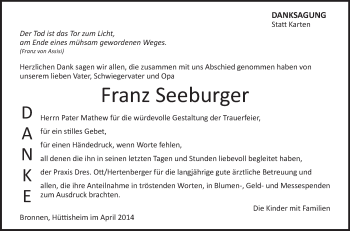 Anzeige von Franz  Seeburger von Schwäbische Zeitung