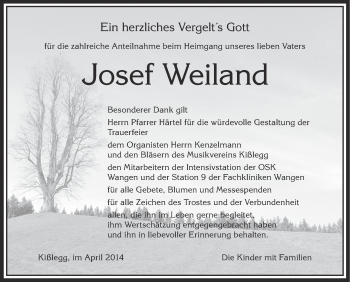 Anzeige von Josef Weiland von Schwäbische Zeitung