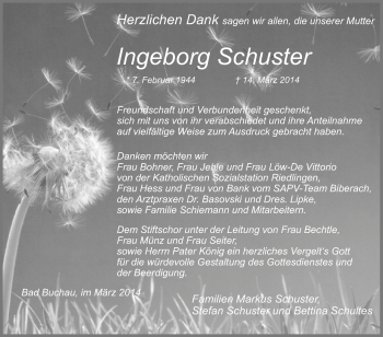 Anzeige von Ingeborg Schuster von Schwäbische Zeitung