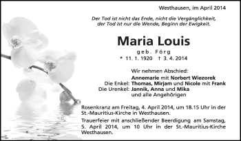 Anzeige von Maria Louis von Schwäbische Zeitung