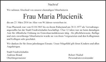 Anzeige von Maria Plucienik von Schwäbische Zeitung