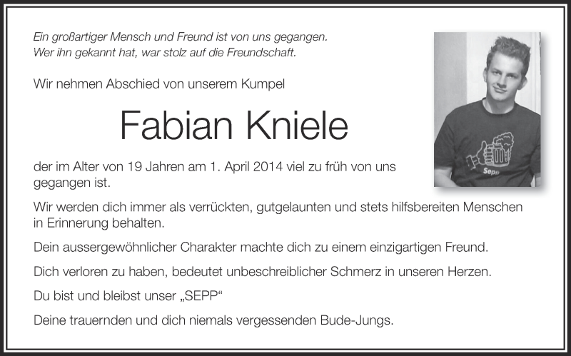  Traueranzeige für Fabian Kniele vom 05.04.2014 aus Schwäbische Zeitung