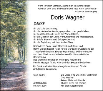 Anzeige von Doris Wagner von Schwäbische Zeitung