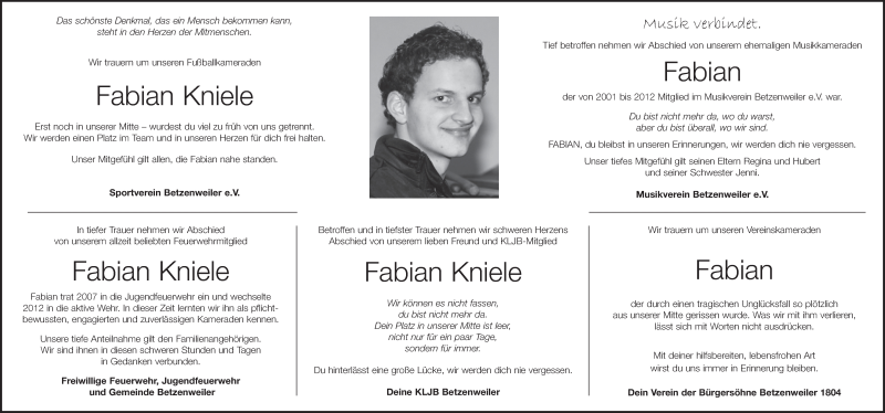  Traueranzeige für Fabian Kniele vom 08.04.2014 aus Schwäbische Zeitung