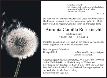 Anzeige von Antonia Camilla Rossknecht von Schwäbische Zeitung