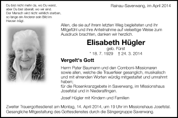 Anzeige von Elisabeth Hügler von Schwäbische Zeitung