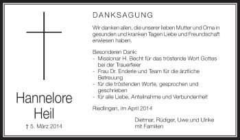 Anzeige von Hannelore Heil von Schwäbische Zeitung