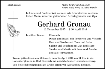 Anzeige von Gerhard Gronau von Schwäbische Zeitung