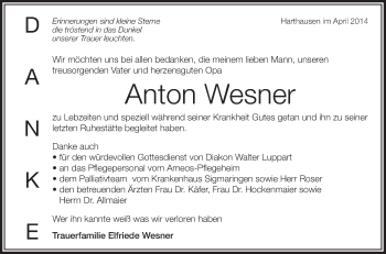 Anzeige von Anton Wesner von Schwäbische Zeitung