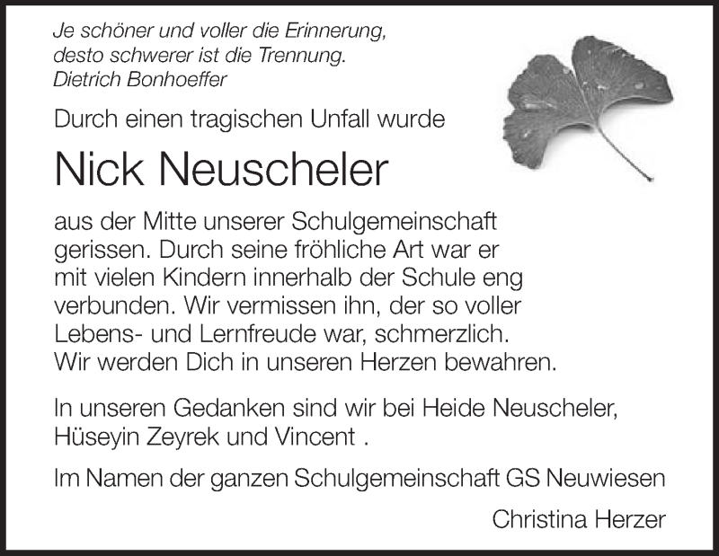  Traueranzeige für Nick Neuscheler vom 17.04.2014 aus Schwäbische Zeitung