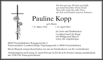 Anzeige von Pauline Kopp von Schwäbische Zeitung