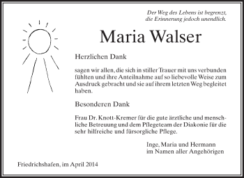 Anzeige von Maria Walser von Schwäbische Zeitung