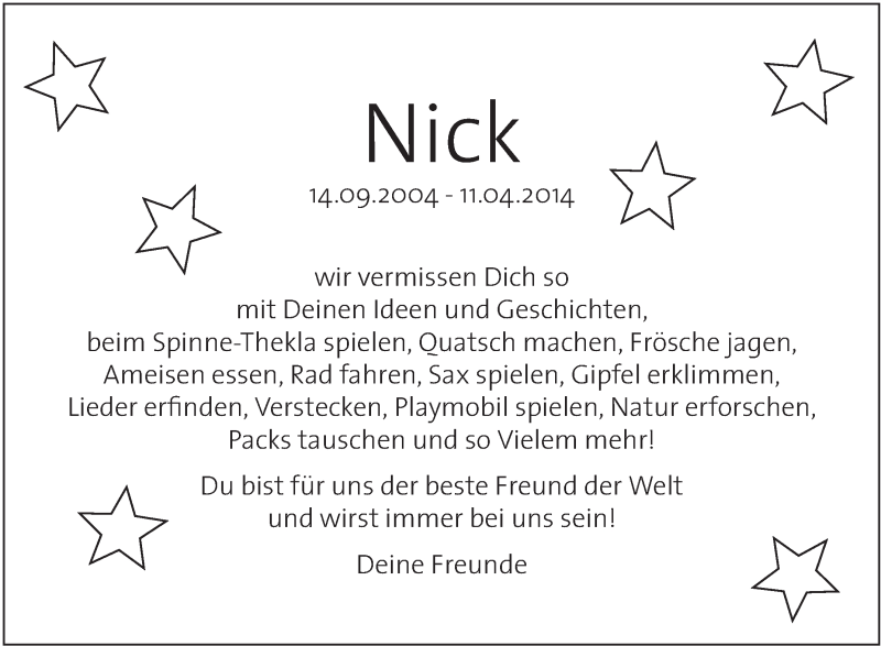 Traueranzeige für Nick Neuscheler vom 16.04.2014 aus Schwäbische Zeitung