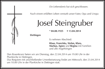 Anzeige von Josef Steingruber von Schwäbische Zeitung