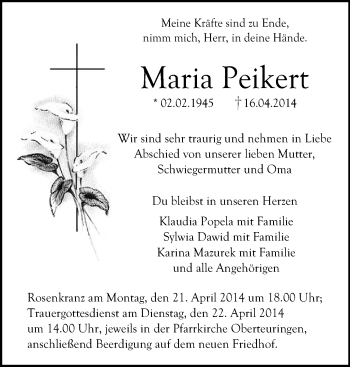 Anzeige von Maria Peikert von Schwäbische Zeitung