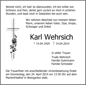Anzeige von Karl Wehrsich von Schwäbische Zeitung