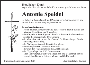 Anzeige von Antonie Speidel von Schwäbische Zeitung