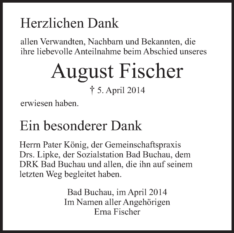  Traueranzeige für August Fischer vom 19.04.2014 aus Schwäbische Zeitung