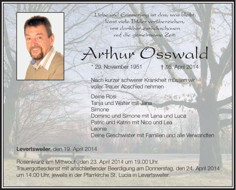  Traueranzeige für Arthur Osswald vom 19.04.2014 aus Schwäbische Zeitung