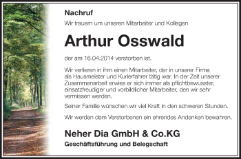 Anzeige von Arthur Osswald von Schwäbische Zeitung