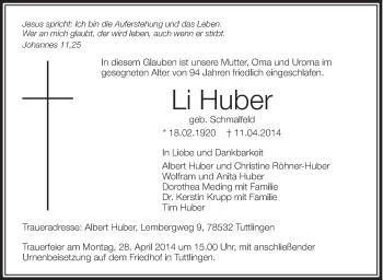 Anzeige von Li Huber von Schwäbische Zeitung