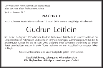 Anzeige von Gudrun Leitlein von Schwäbische Zeitung