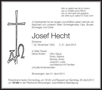 Anzeige von Josef Hecht von Schwäbische Zeitung