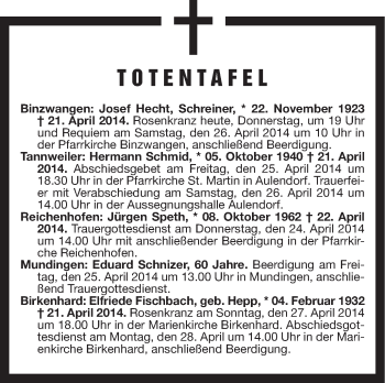 Anzeige von Totentafel vom 24.04.2014 von Schwäbische Zeitung