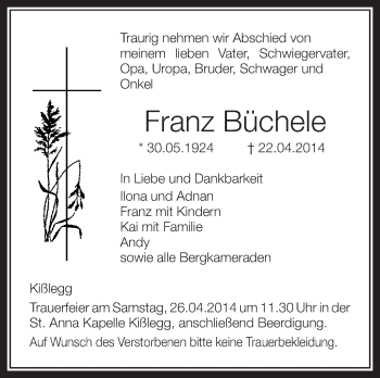 Anzeige von Franz Büchele von Schwäbische Zeitung