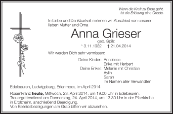 Anzeige von Anna Grieser von Schwäbische Zeitung
