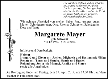 Anzeige von Margarete Mayer von Schwäbische Zeitung