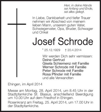 Anzeige von Josef Schrode von Schwäbische Zeitung