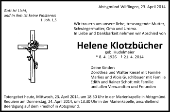 Anzeige von Helene Klotzbücher von Schwäbische Zeitung