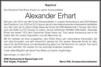 Anzeige von Alexander Erhart von Schwäbische Zeitung