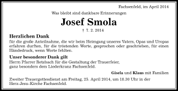 Anzeige von Josef Smola von Schwäbische Zeitung