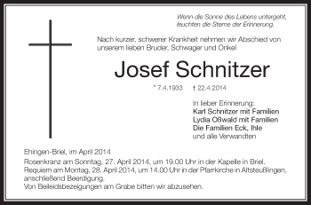 Anzeige von Josef Schnitzer von Schwäbische Zeitung