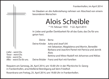 Anzeige von Alois Scheible von Schwäbische Zeitung